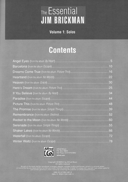 Essential Jim Brickman Volume 1: Piano Solos table of contents