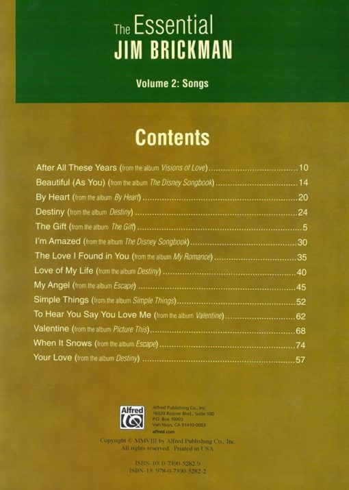 Essential Jim Brickman Volume 2: Songs table of contents